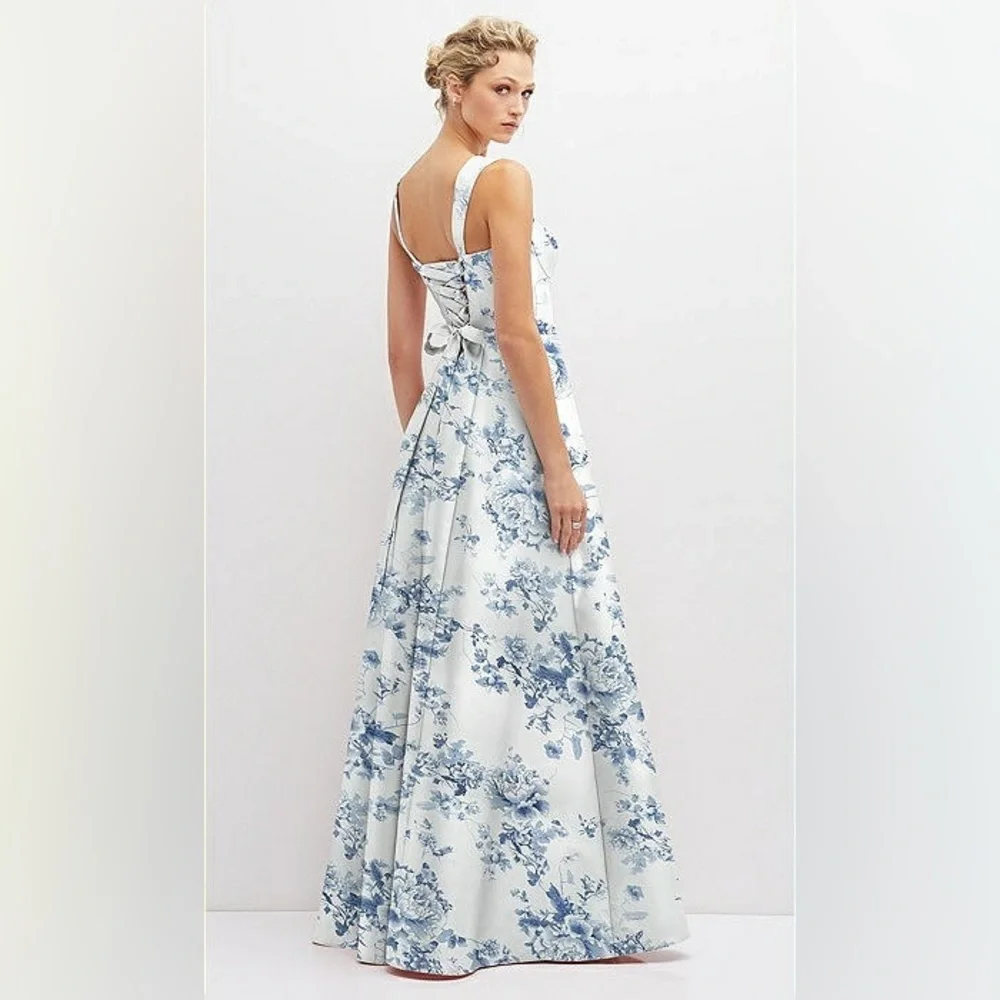 ALFRED SUNG Blue Floral Lace Up A-Line Gown - Picture 3 of 16